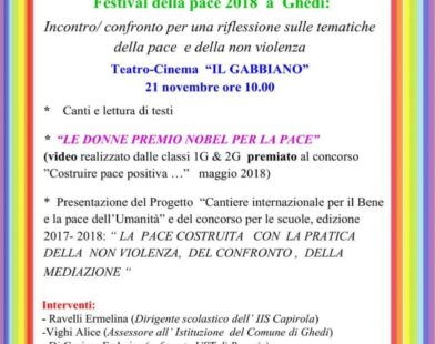 Locandina dell’incontro che avrà luogo a Ghedi, al teatro Gabbiano, il 21 novembre, nell’ambito del Festival della Pace 2018.