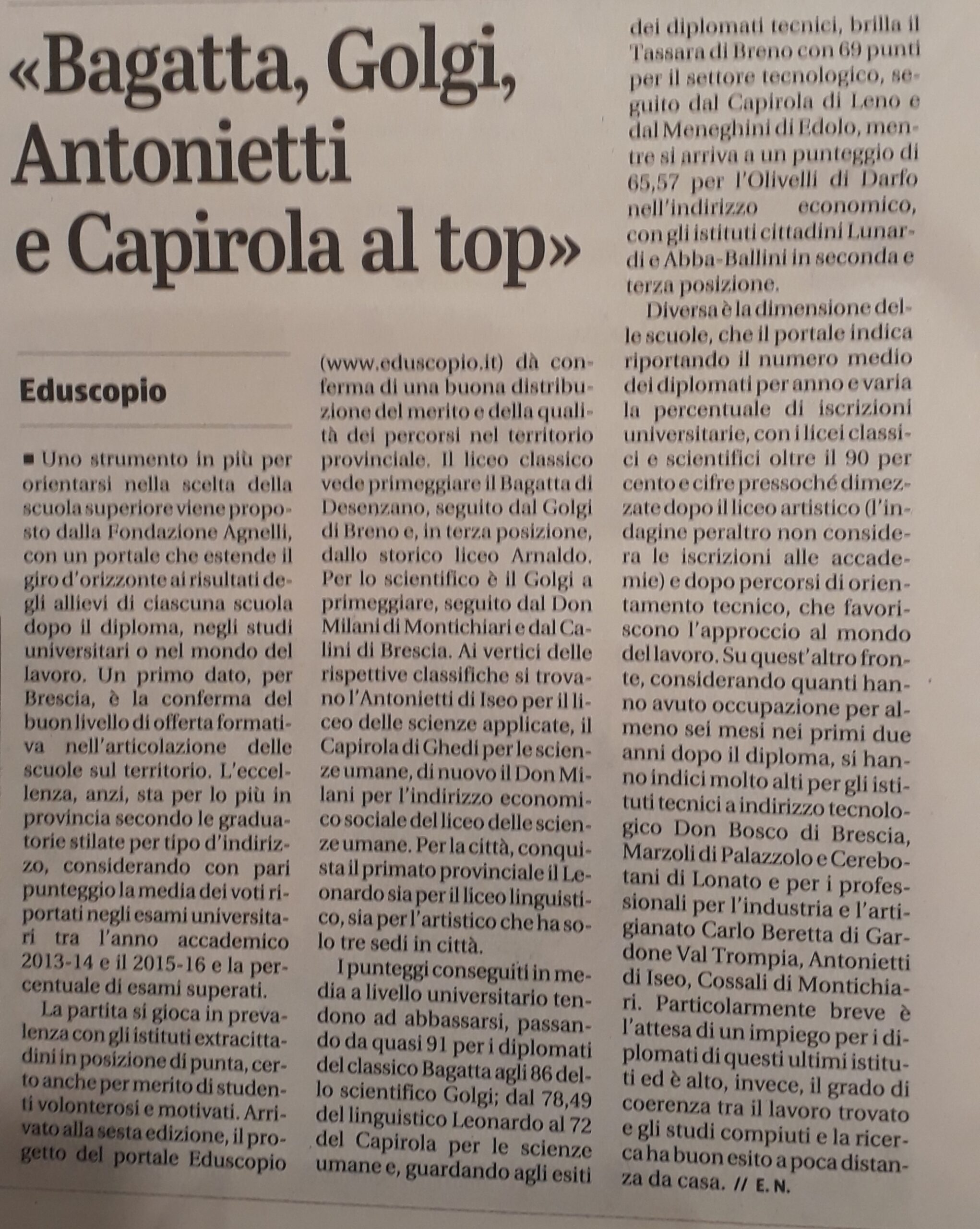 Eduscopio 2019: “Bagatta, Golgi, Antonietti e Capirola al top”